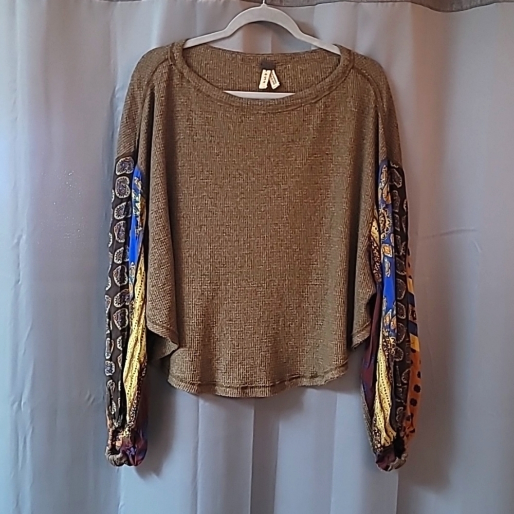 Free People We the Free Waffle Knit Top with Boho Sleeves